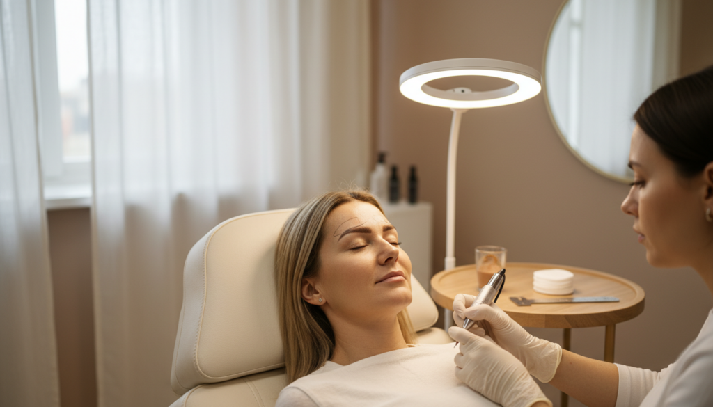 Kvinde får permanent makeup bryn behandling hos Karenesmat i Silkeborg med naturligt microshading resultat